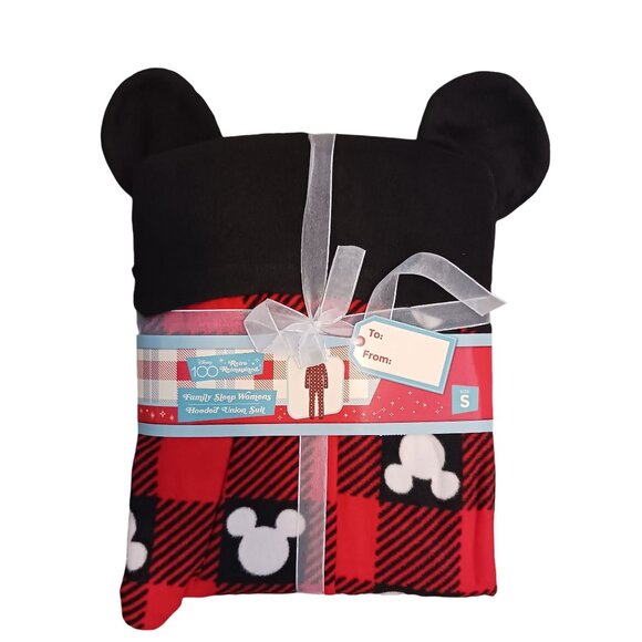 NEW Disney 100 Mickey Hooded Adult Zippered Onsie, Red‎ & Black Checkered Size S - Picture 3 of 9
